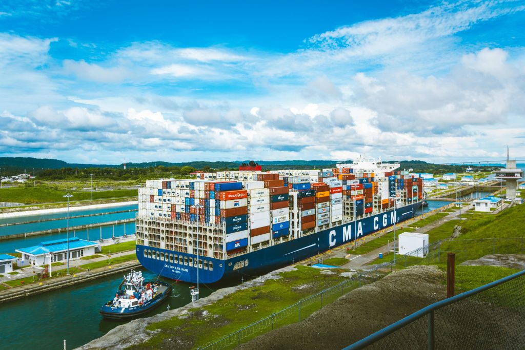 cargo ship traversing panama canal